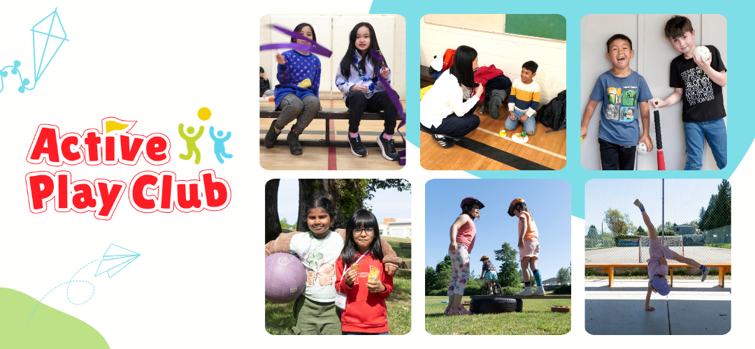 Banner showing Active Play Clubs with a collage of images of children playing