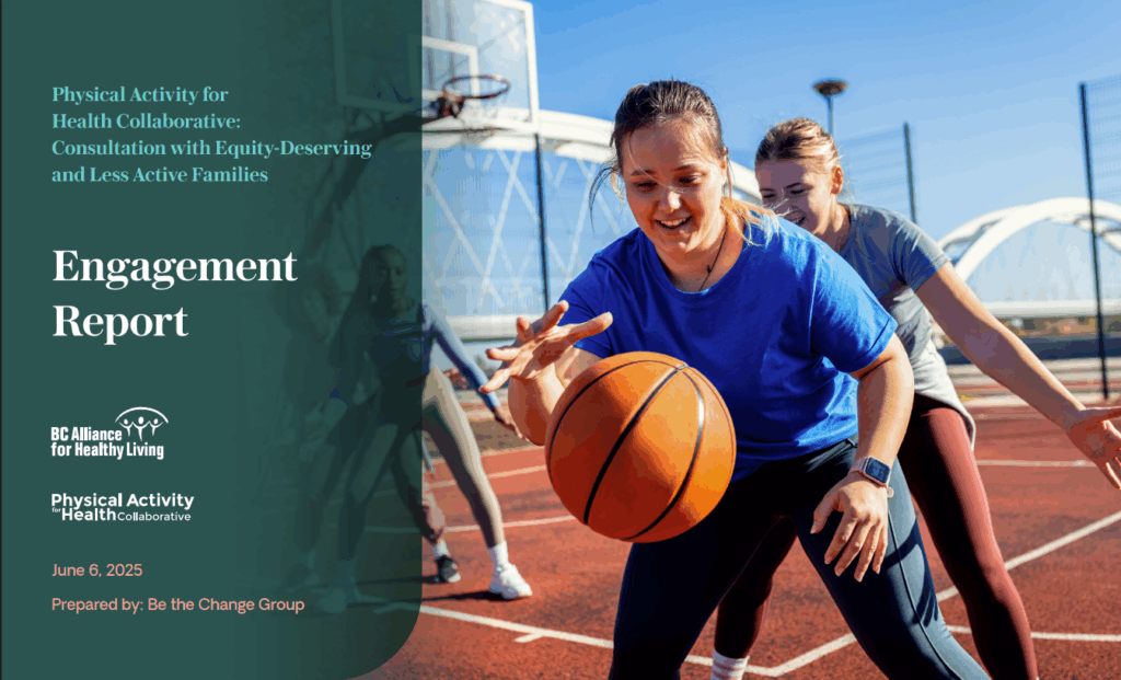 Two girls play basketball while smiling and text says Engagement Report on green-blue background