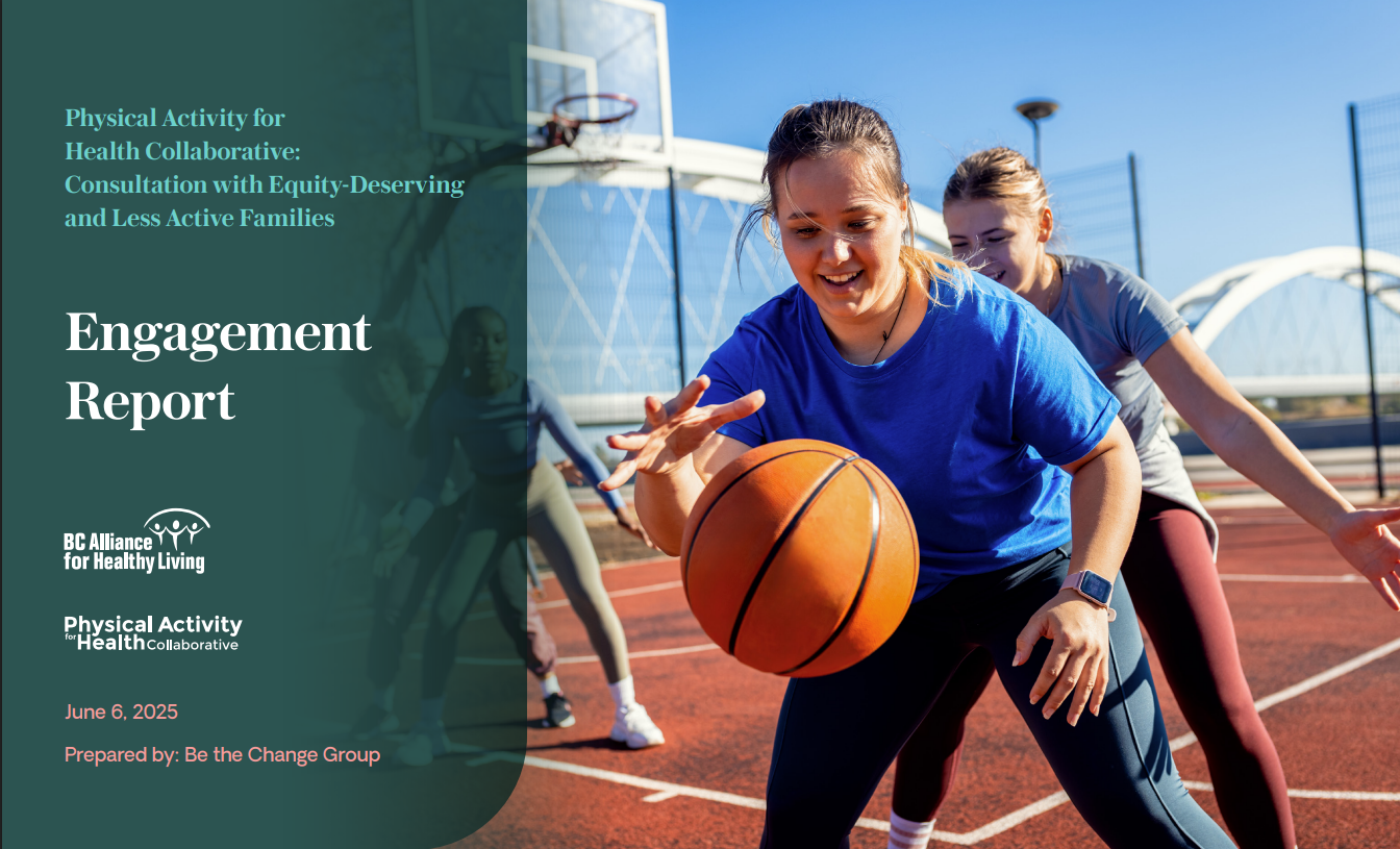 Two girls play basketball while smiling and text says Engagement Report on green-blue background