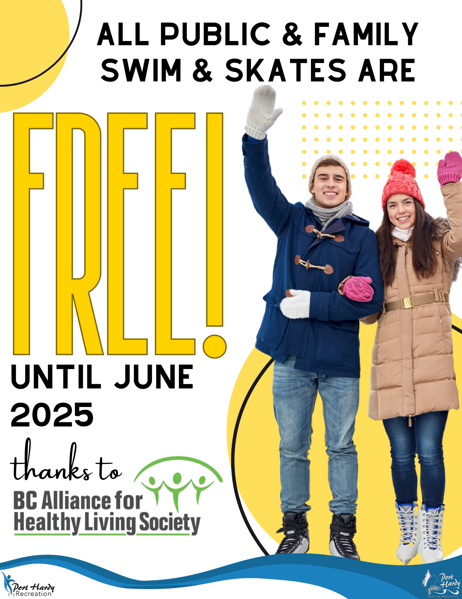 poster promoting free public and family swims and skates in port hardy, with two people waving in winter wear