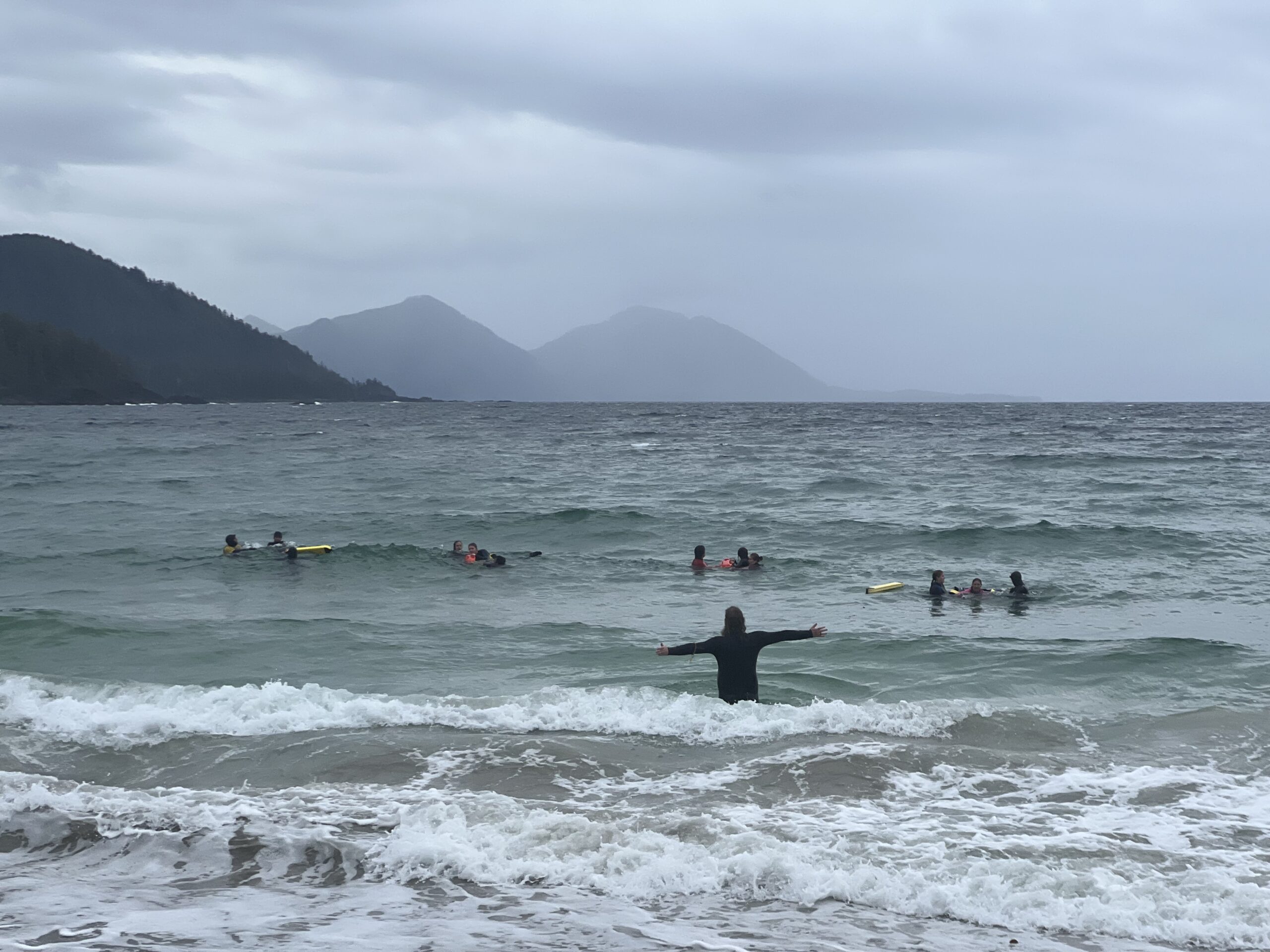 People in the ocean pretending to look for a missing person practice during lifeguard course