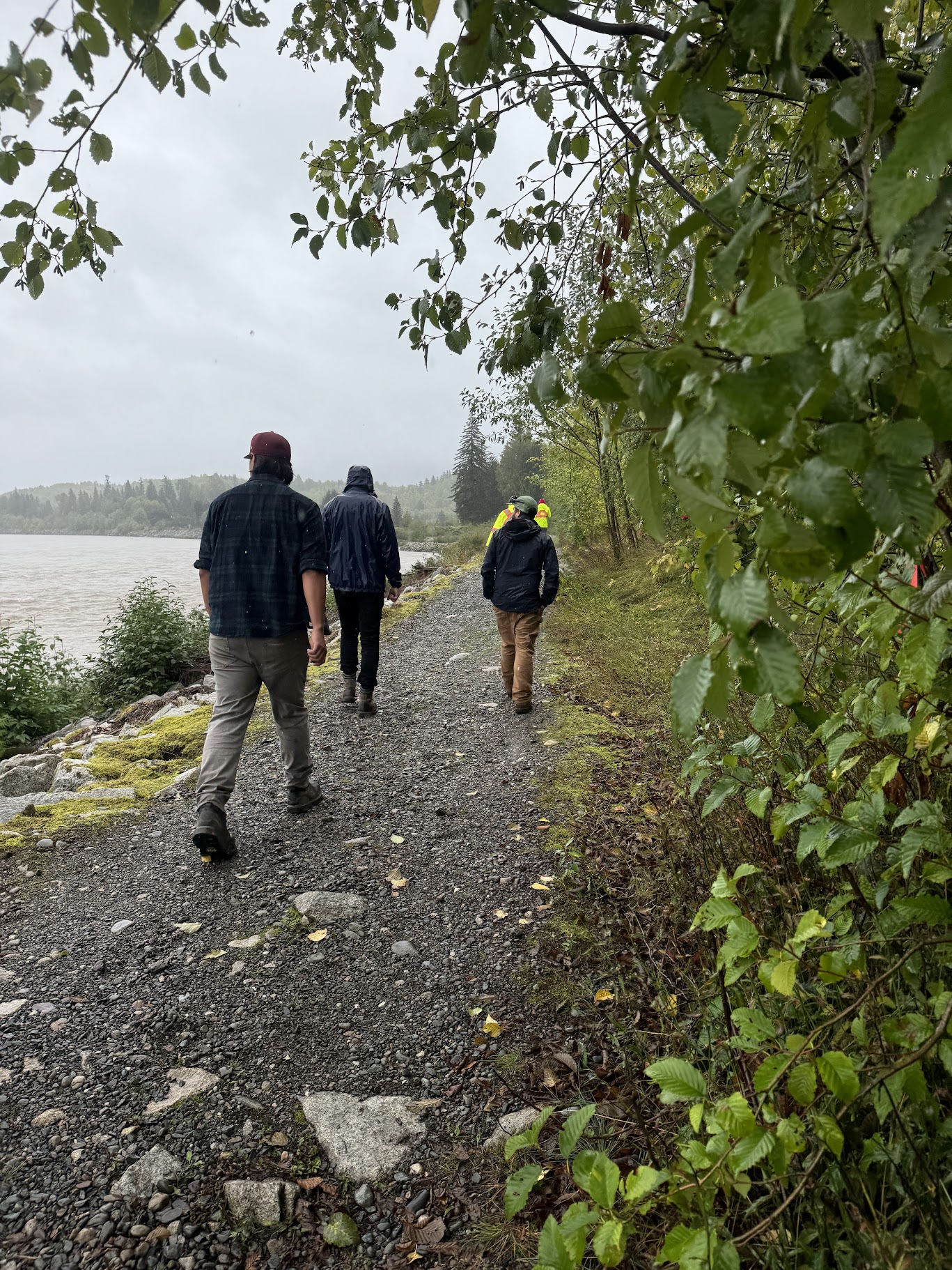 The backs of three people walking the Kitselas trail next to the river