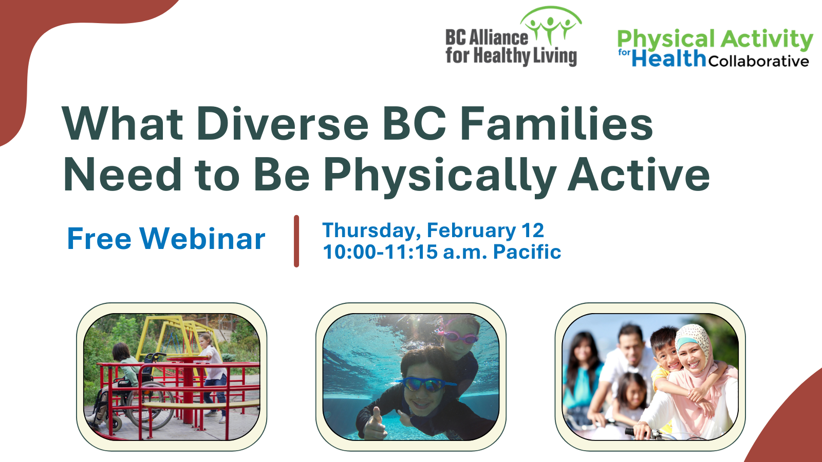 Graphic for webinar with three images of people being physically active