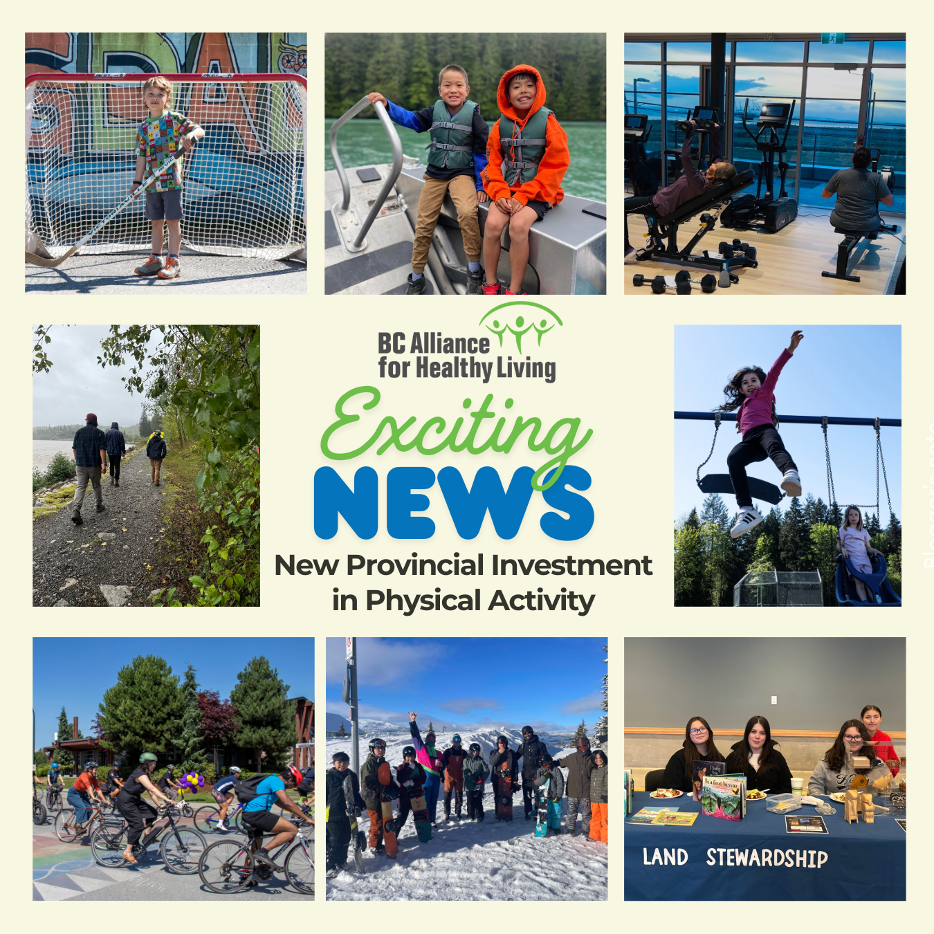 Collage of images of people engaged in physical activity indoors and outdoors and text that reads exciting news.