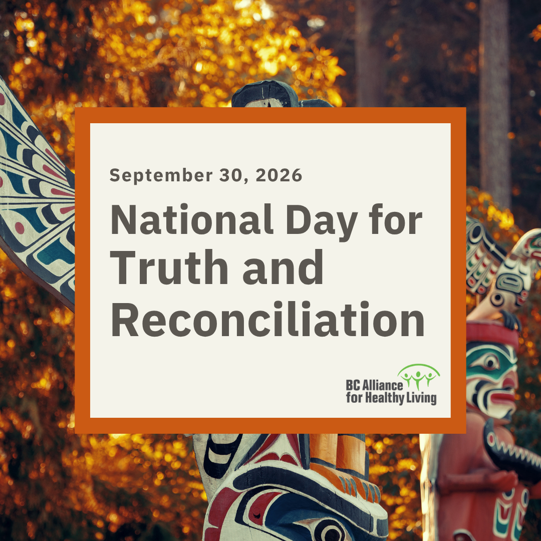 The text says "September 30, 2026 National Day for Truth and Reconciliation" with the BCAHL logo at the bottom right. The background shows two totem poles during autumn.